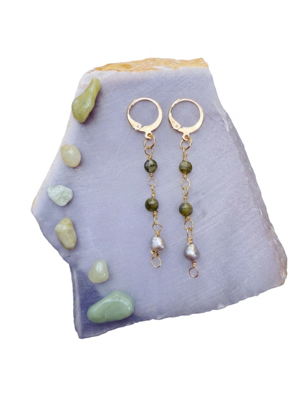 Dangle Earrings with Jade and Freshwater Pearl Drops. 24k gold-plated stainless